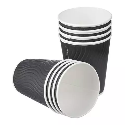 Одноразовые стаканы 300 мл. комплект 40 шт. бумажные ДВУХСЛОЙНЫЕ Impresso Black Wave холодное/горячее Huhtamaki