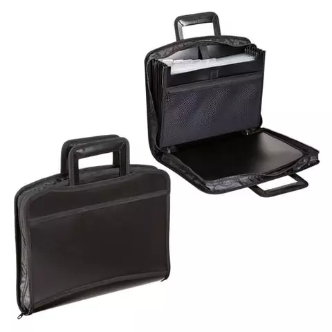 Папка-портфель пластиковая Brauberg А4+ (355х290х60 мм.) выдвижные ручки 9 отделений 1 карман черная