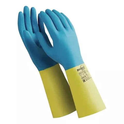 Перчатки латексно-неопреновые MANIPULA "Союз" хлопчатобумажное напыление размер 9-95 ( L) синие/желтые