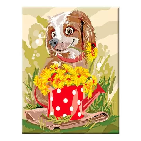 Раскраска по номерам А4 "Игривый пес" с акриловыми красками на картоне кисть Юнландия