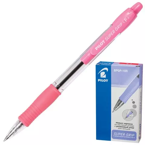 Ручка шариковая масляная автоматическая с грипом Pilot "Super Grip" синяя розовые детали линия письма 032 мм.