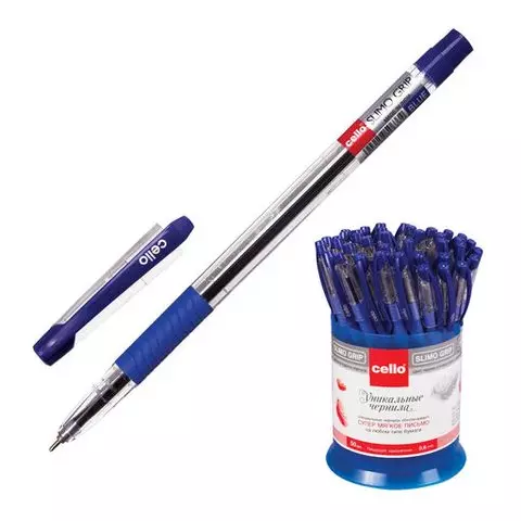 Ручка шариковая масляная с грипом CELLO "Slimo Grip" синяя корпус прозрачный узел 07 мм.