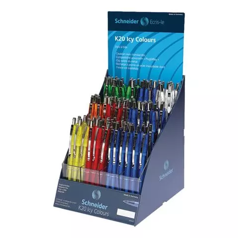 Ручки в ДИСПЛЕЕ шариковые автоматические SCHNEIDER "K20 Icy Colours" комплект 100 шт. синие узел 1 мм.