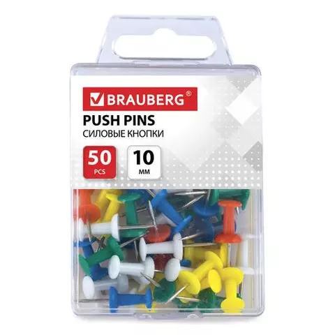 Силовые кнопки-гвоздики Brauberg цветные 50 шт. в пластиковой коробке