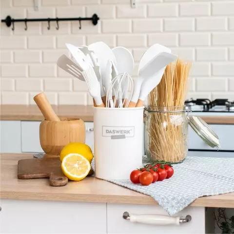 Набор силиконовых кухонных принадлежностей с деревянными ручками 12 в 1 молочный Daswerk