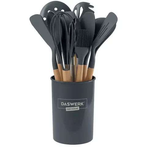 Набор силиконовых кухонных принадлежностей с деревянными ручками 12 в 1 серый Daswerk