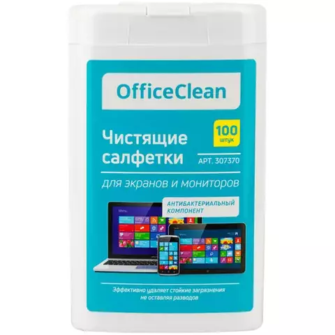 Влажные портативные чистящие салфетки OfficeClean для экранов и мониторов 100 шт. (малая плоская туба)