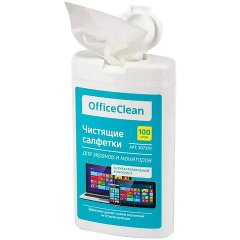 Влажные портативные чистящие салфетки OfficeClean для экранов и мониторов 100 шт. (малая плоская туба)