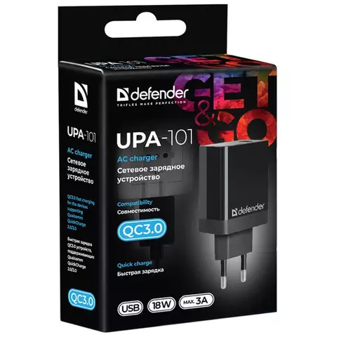 Зарядное устройство сетевое Defender UPA-101 (быстрая зарядка) QC 3.0 18W черный
