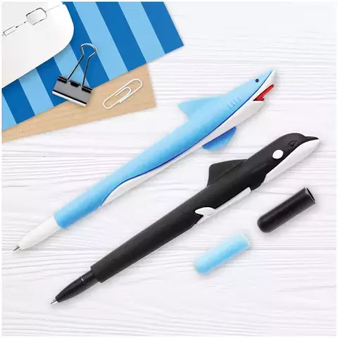 Ручка шариковая Meshu "Shark&Whale" синяя 07 мм. софт-тач ассорти с топпером