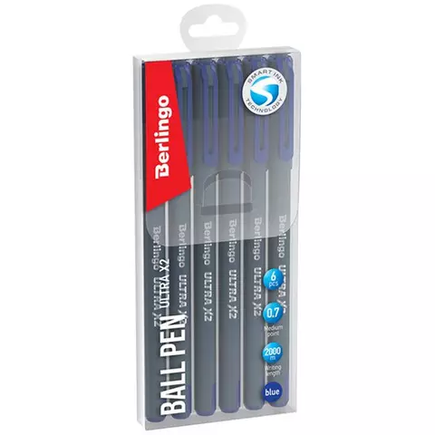 Ручка шариковая Berlingo "Ultra X2" синяя 07 мм. игольчатый стержень 6 шт. PET пенал