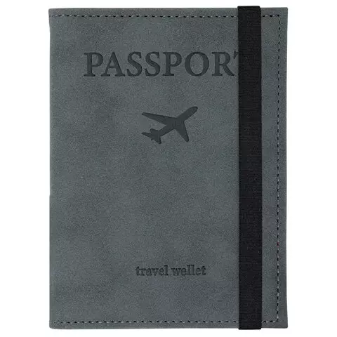 Обложка для паспорта с карманами и резинкой мягкая экокожа "PASSPORT" серая Brauberg