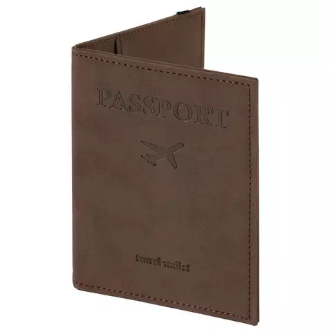 Обложка для паспорта с карманами и резинкой мягкая экокожа "PASSPORT" коричневая Brauberg