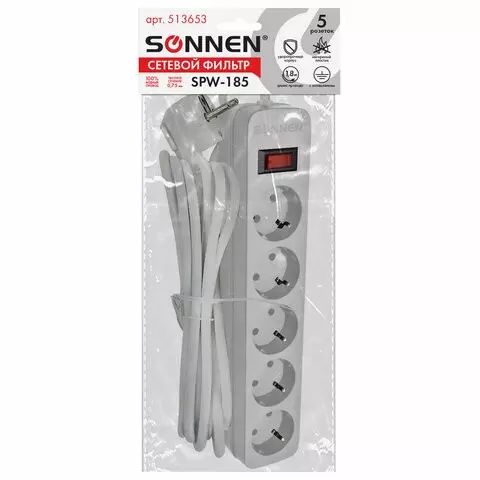 Сетевой фильтр SONNEN SPW-185 5 розеток с заземлением выключатель 10 А 18 м. белый