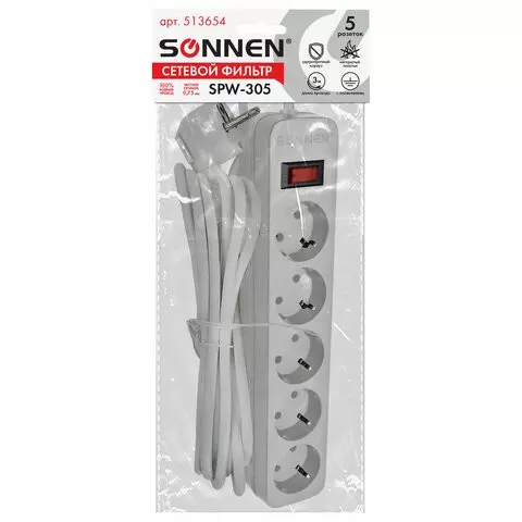 Сетевой фильтр SONNEN SPW-305 5 розеток с заземлением выключатель 10 А 3 м. белый