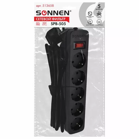 Сетевой фильтр SONNEN SPB-505 5 розеток с заземлением выключатель 10 А 5 м. черный