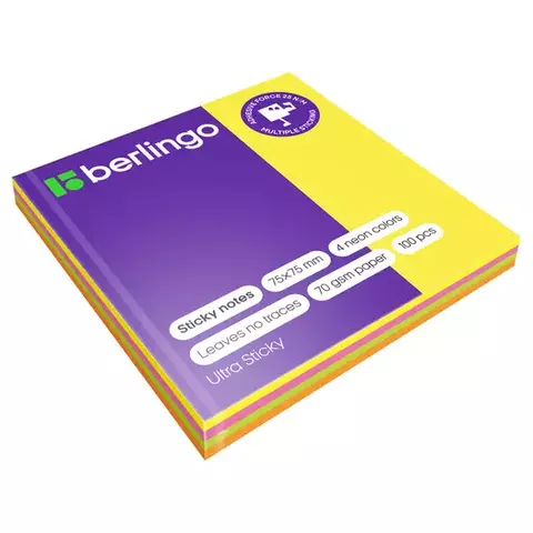 Самоклеящийся блок Berlingo "Ultra Sticky" 75*75 мм. 100 л. 4 неоновых цвета