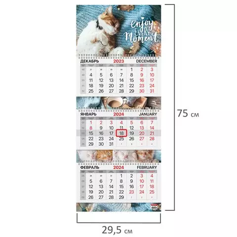 Календарь квартальный на 2024 г. 3 блока 3 гребня с бегунком мелованная бумага Extra Brauberg "Sleepy cat"