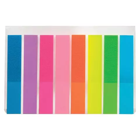 Закладки клейкие Brauberg неоновые пластиковые 45х8 мм. 8 цветов х 20 листов в пластиковой книжке