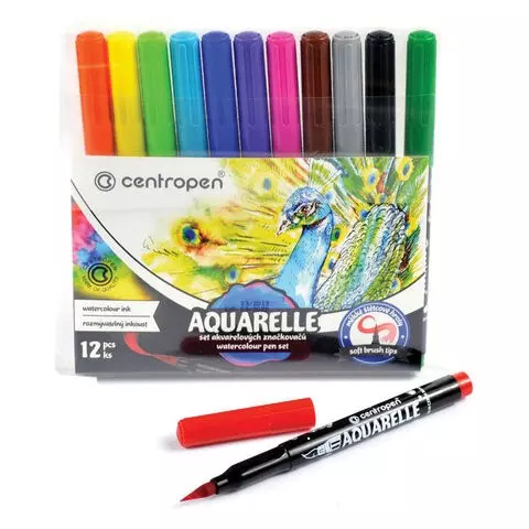 Маркеры-кисти акварельные 12 цветов Centropen "Aquarelle" линия письма 1-9 мм.
