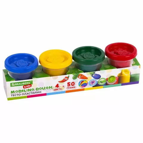 Пластилин-тесто для лепки Brauberg Kids 4 цвета 200 г. яркие классические цвета крышки-Штампики