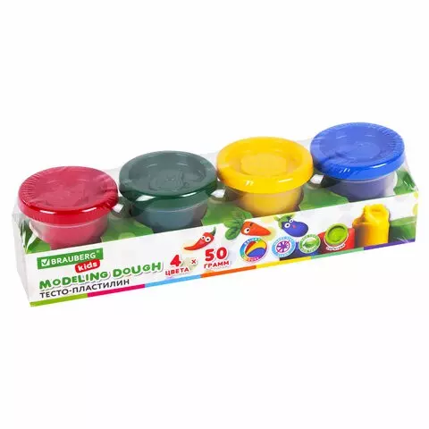 Пластилин-тесто для лепки Brauberg Kids 4 цвета 200 г. яркие классические цвета крышки-Штампики