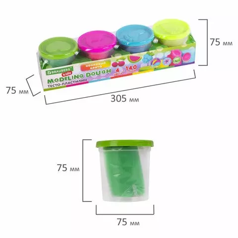 Пластилин-тесто для лепки Brauberg Kids 4 цвета 560 г. яркие неоновые цвета крышки-Штампики