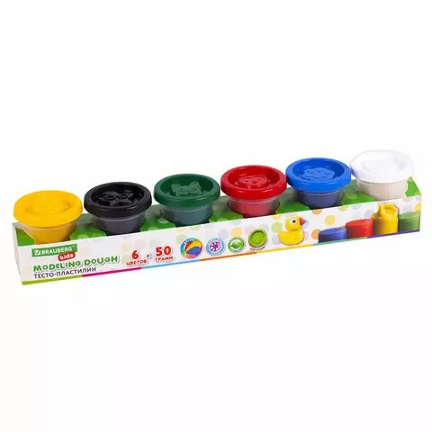 Пластилин-тесто для лепки Brauberg Kids 6 цветов 300 г. яркие классические цвета крышки-Штампики