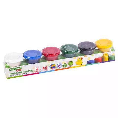 Пластилин-тесто для лепки Brauberg Kids 6 цветов 300 г. яркие классические цвета крышки-Штампики