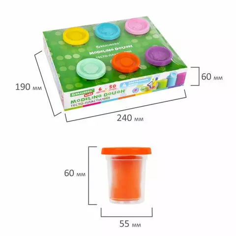 Пластилин-тесто для лепки Brauberg Kids 6 цветов 300 10 формочек шприц стек крышки-Штампики