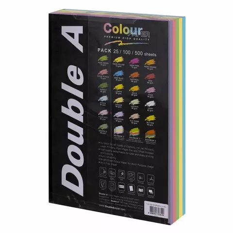 Бумага цветная DOUBLE A А4 80г./м2 500 л. (5 цветов x 100 листов) микс пастель