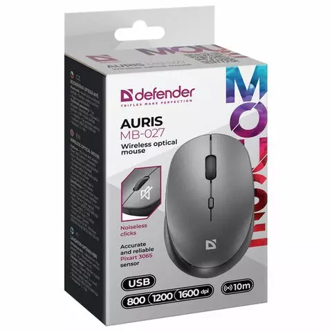 Мышь беспроводная DEFENDER Auris MB-027 USB 3 кнопки + 1 колесо-кнопка оптическая серая