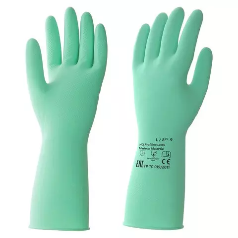 Перчатки латексные КЩС прочные хлопковое напыление размер 85-9 L большой зеленые HQ Profiline