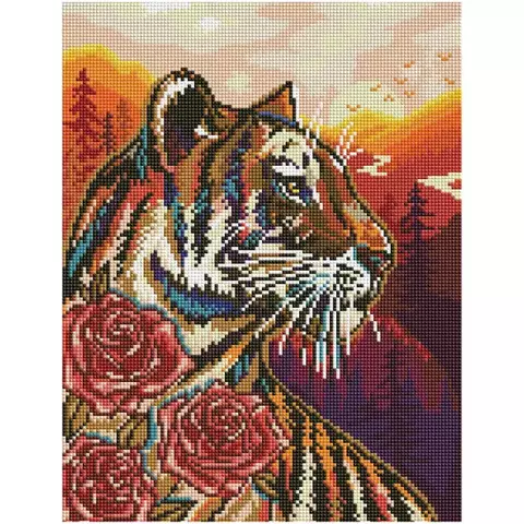 Алмазная мозаика ТРИ СОВЫ "Тигр и розы" 30*40 см. холст на деревянном подрамнике картонная коробка с пластиковой ручкой