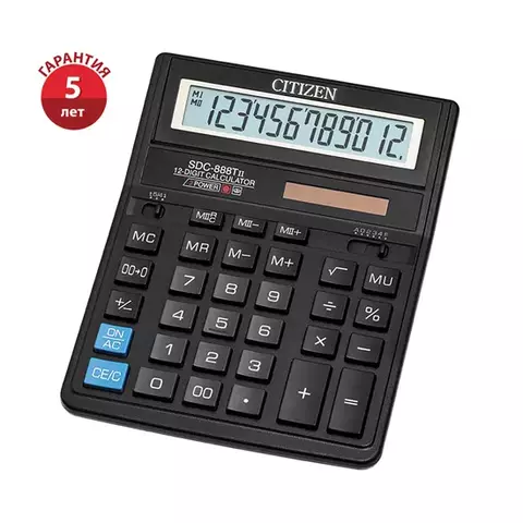 Калькулятор настольный Citizen SDC-888TII 12 разрядов двойное питание 158*203*31 мм. черный