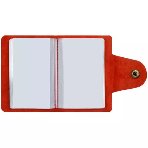 Визитница карманная OfficeSpace на кнопке 10*7 см. 18 карманов натуральная кожа красный