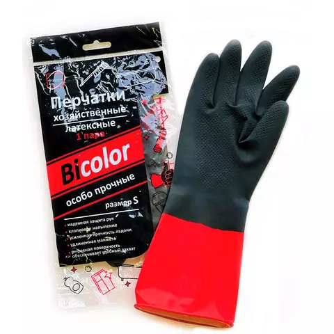 Перчатки хозяйственные латексные BiColor черно-красные х/б напыление размер S (маленький) 60 г. прочные
