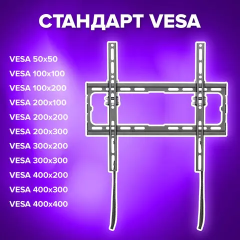 Кронштейн-крепление для ТВ настенный до 45 кг. VESA 75х75-400х400 32"-70" черный SONNEN