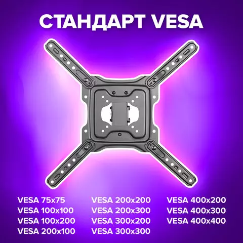Кронштейн-крепление для ТВ настенный до 35 кг. VESA 75х75-400х400 32"-55" черный SONNEN