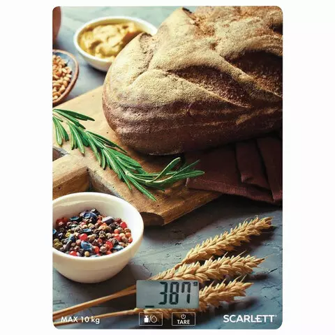 Весы кухонные Scarlett SC-KS57P65 "Хлеб" электронный дисплей max вес 10 кг. тарокомпенсация стекло