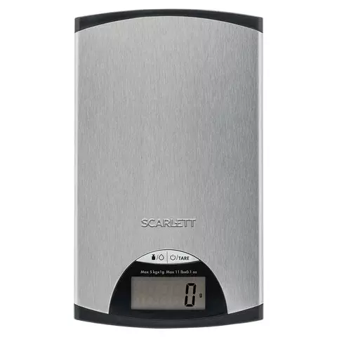 Весы кухонные Scarlett SC-KS57P97 электронный дисплей max вес 5 кг. тарокомпенсация сталь серые